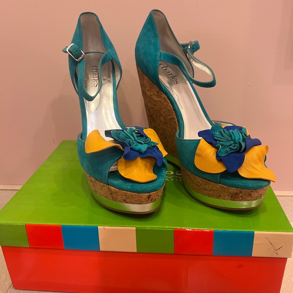 Charles David platform suede / cork wedge sandals w/ flower detail. Size 9